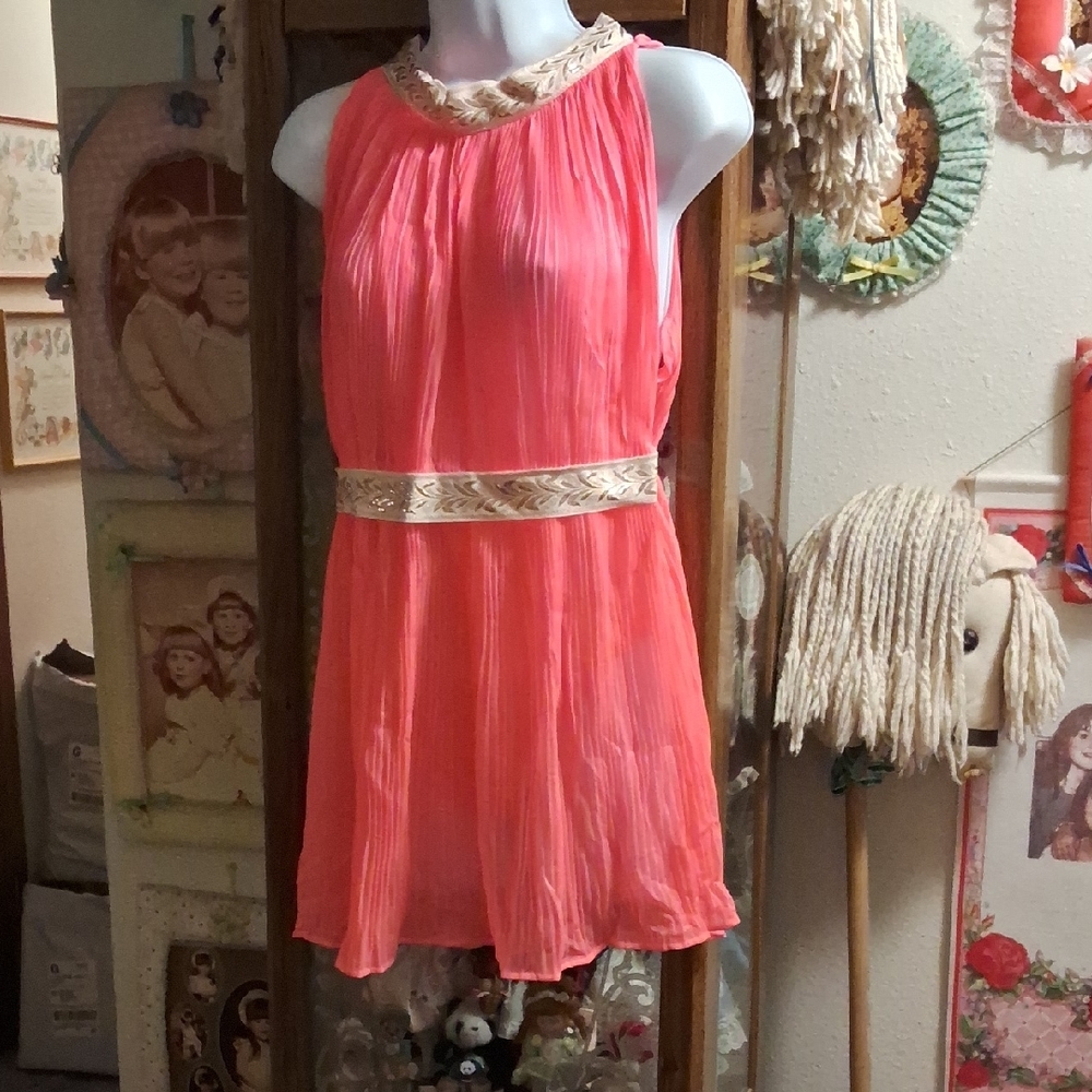 Vintage 70's,Coral,Roman Style,Nightgown/Sparkly, Gold,Accents/Matching Panty💕